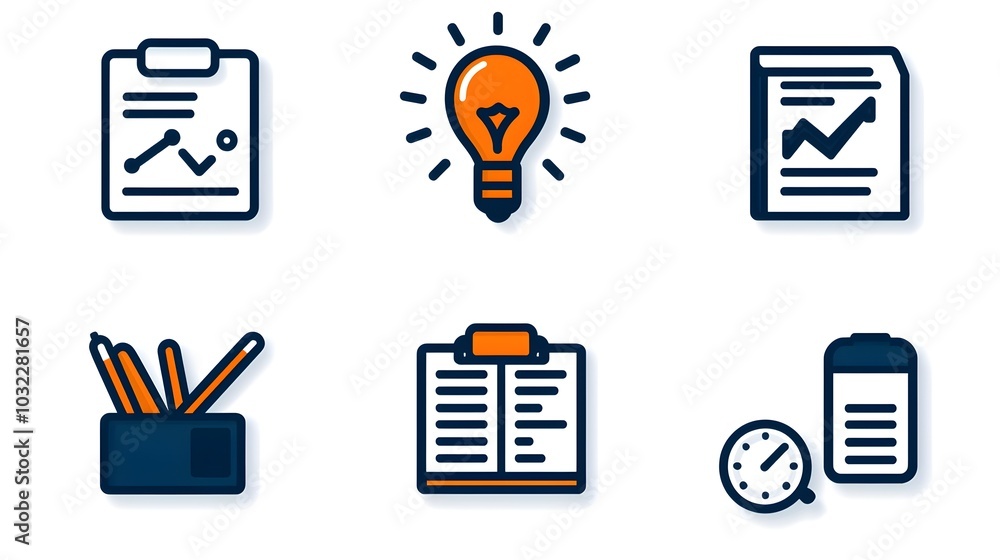 Poster Thin line icon set depicting various elements of productivity organization project achievement and process improvement  Includes symbols for workflow efficiency management planning task management