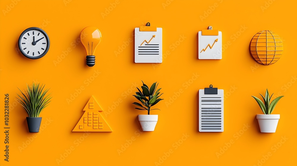 Poster Set of thin line icons depicting various tools and concepts related to productivity process efficiency growth analytics and organizational performance management