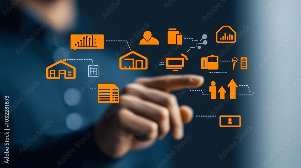 Poster Thin line style icons illustrating key productivity elements such as industrial process optimization time efficiency workflow management and manufacturing technology improvements  The minimalist