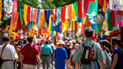 A crowd of people walking through a street decorated with colorful flags, creating a vibrant and festive atmosphere.