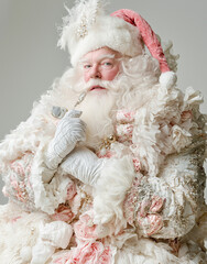 Elegant Santa Claus in luxurious pastel attire with intricate floral details and soft textures. Concept of opulence, high fashion, and modern holiday reinterpretation