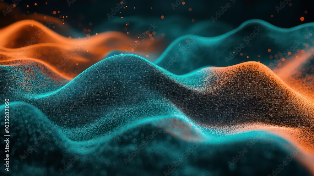 Sticker abstract background with blue and orange waves and particles.