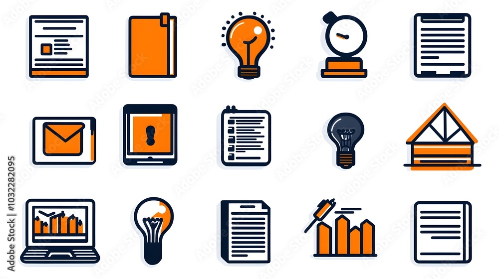 Poster Thin line icon set highlighting various aspects of productivity performance project goal achievement in a clean minimalist style  Ideal for business management strategy