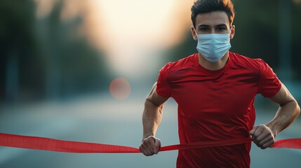 Athlete wearing a mask runs toward the finish line, embodying determination and resilience during challenging times.