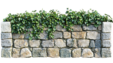A rustic stone wall adorned with lush green ivy, creating a natural feel, perfect for landscaping and garden design.