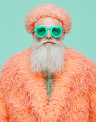 Trendy Santa Claus in bright curly wig and oversized green glasses with fluffy orange coat against pastel background. Concept of modern holiday, quirky fashion, and playful Christmas spirit