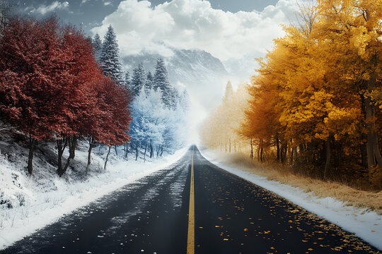 Beautiful road through changing seasons, winter snow on one side and autumn leaves on the other, representing the transition between fall and winter in a scenic landscape