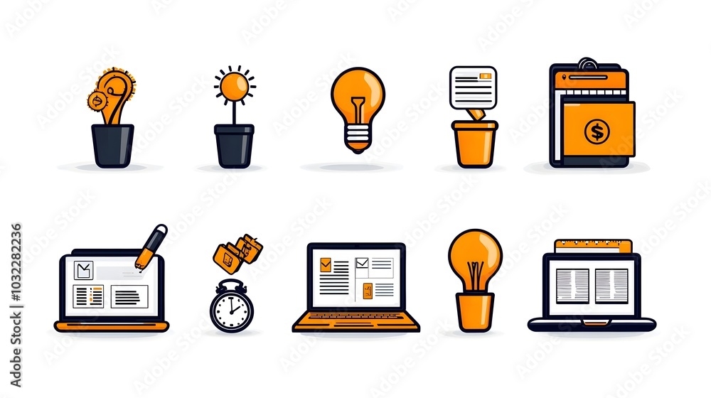 Poster A set of productivity thin line icons covering various techniques and tools for service efficiency
