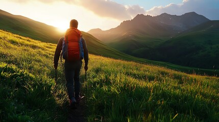 Fototapeta premium Hiker walking through a lush green valley at sunset, surrounded by mountains, embodying adventure and tranquility.