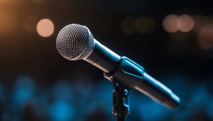 Obraz premium Microphone ready for speech on stage, focused shot with a blurred audience in the background.