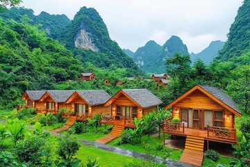 A serene view of wooden cabins nestled in lush greenery, surrounded by mountains, ideal for relaxation and nature retreats.