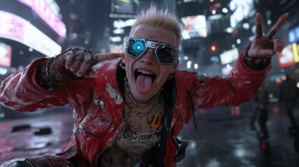 Obraz premium Crazy man with blonde hair and sunglasses sticking out tongue in cyberpunk city