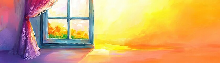 Lace curtains framing a weathered window, golden hour light, digital painting style, warm hues, nostalgic summer memory