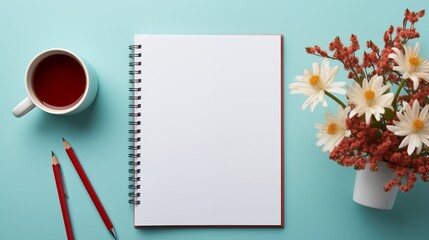 desk with school essentials pen, blank notepad for text top view