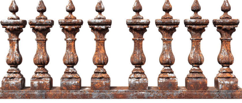 A row of ornate wooden balusters, showcasing distressed textures and intricate designs, adds vintage charm against a transparent background.