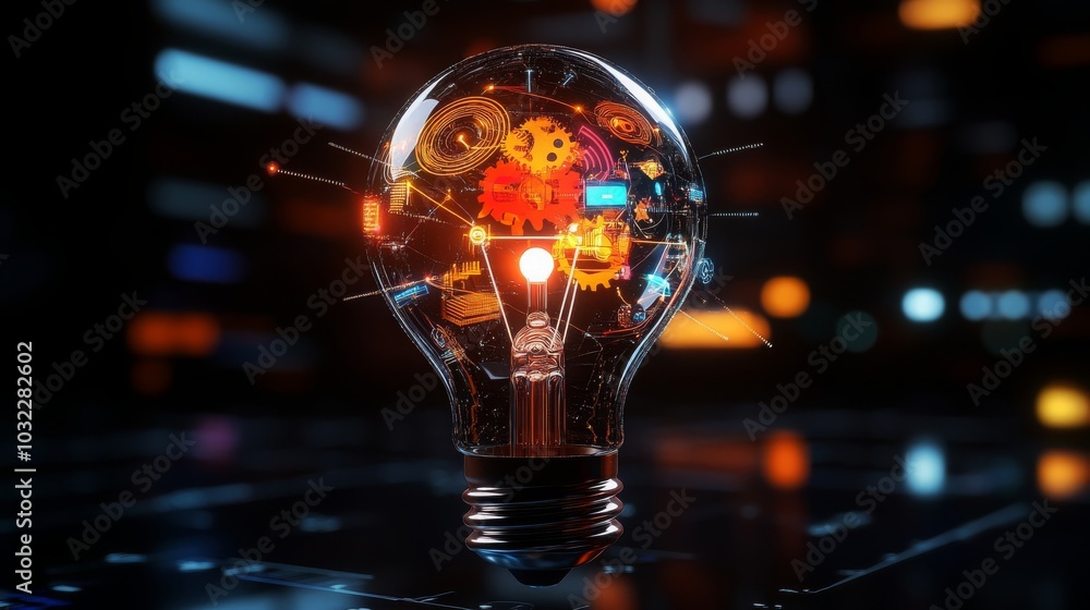 Poster glowing lightbulb with gears and circuits innovation concept