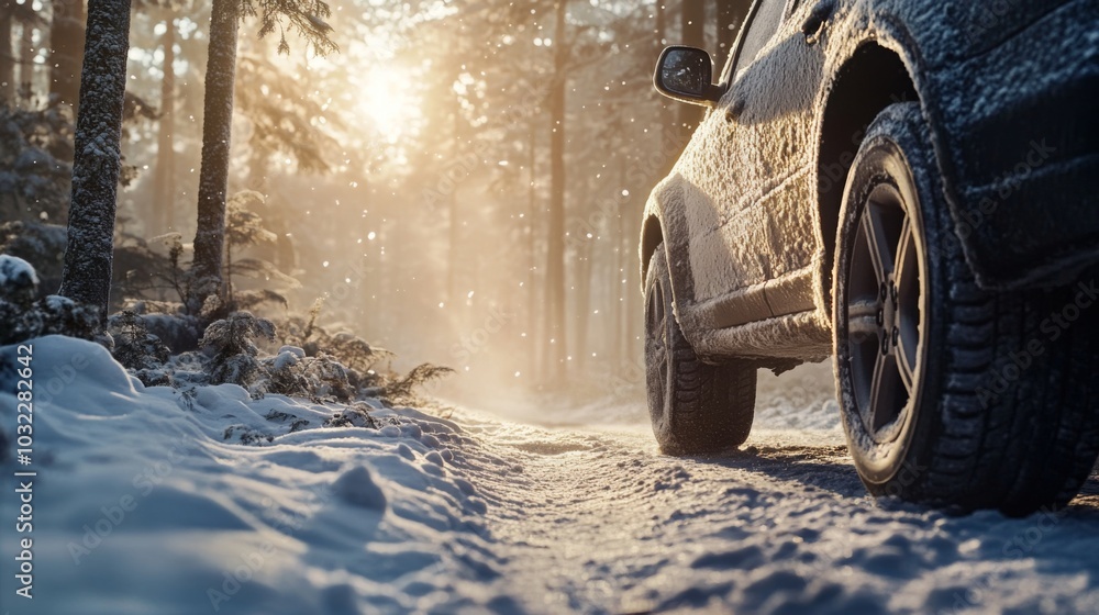 Poster A vehicle is navigating a snow-covered pathway in a tranquil forest as the sun sets. The warm glow contrasts with the cold surroundings, creating a peaceful winter atmosphere.