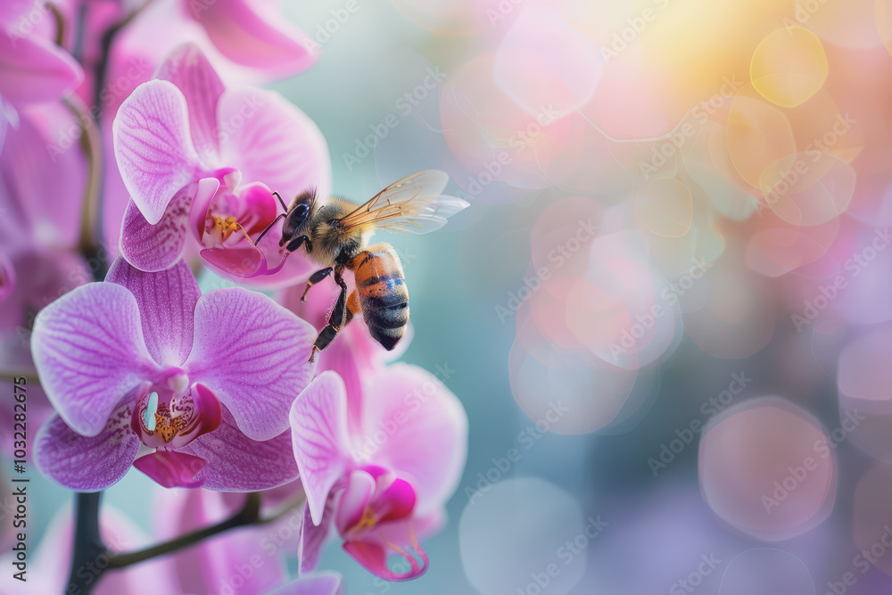 Poster image of bees pollinating orchids. emphasis on the connection between technology and nature.