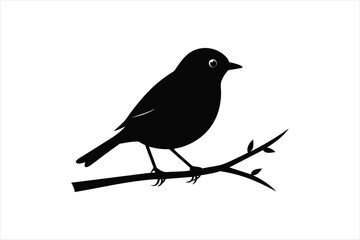  Robin bird sitting on a branch silhouette black vector art illustration.