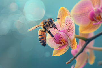 Fototapeta premium Image of bees pollinating orchids. Emphasis on the connection between technology and nature.