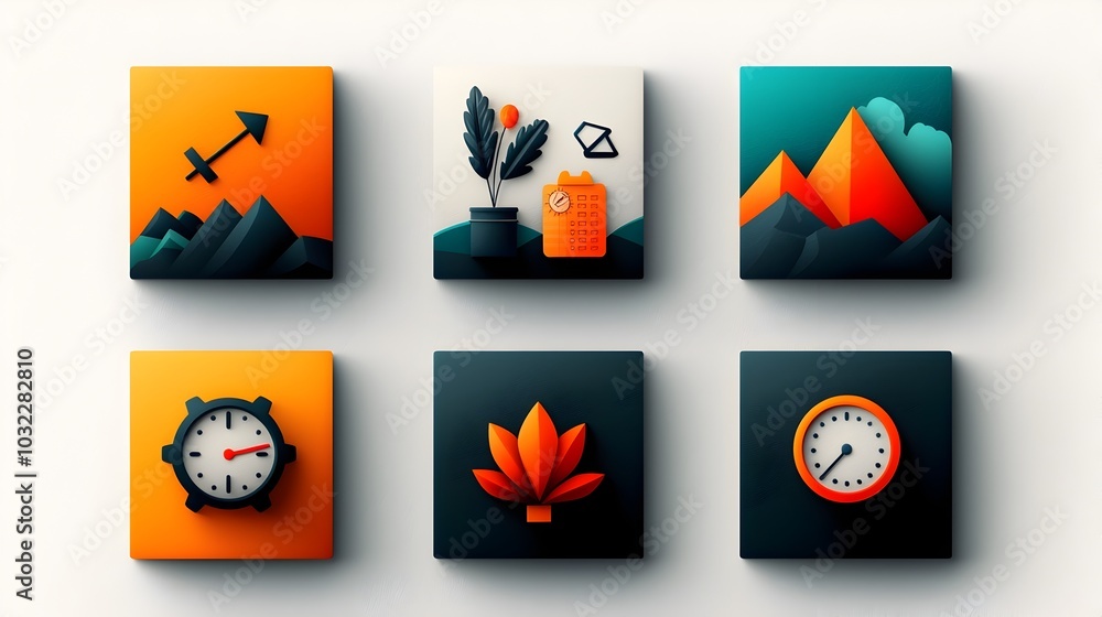 Poster Set of Productivity Icons Covering Time Efficiency Performance Optimization and Goal Achievement Concepts for Business Office and Workplace Management Applications