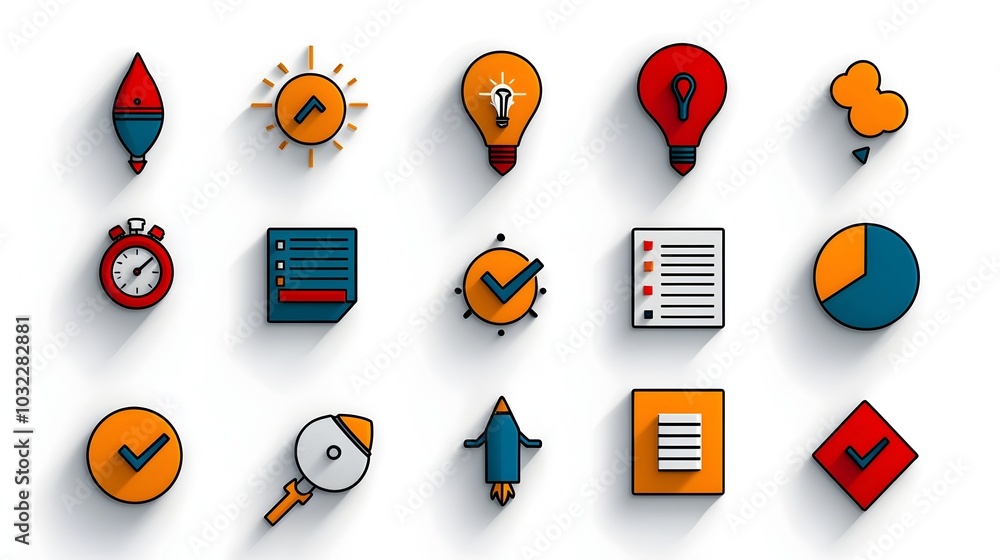 Poster Minimalist line icons in a clean modern style representing various productivity aspects such as deadline management growth graphs and organizational efficiency for business software