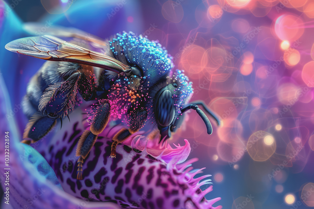 Poster image of bees pollinating orchids. emphasis on the connection between technology and nature.