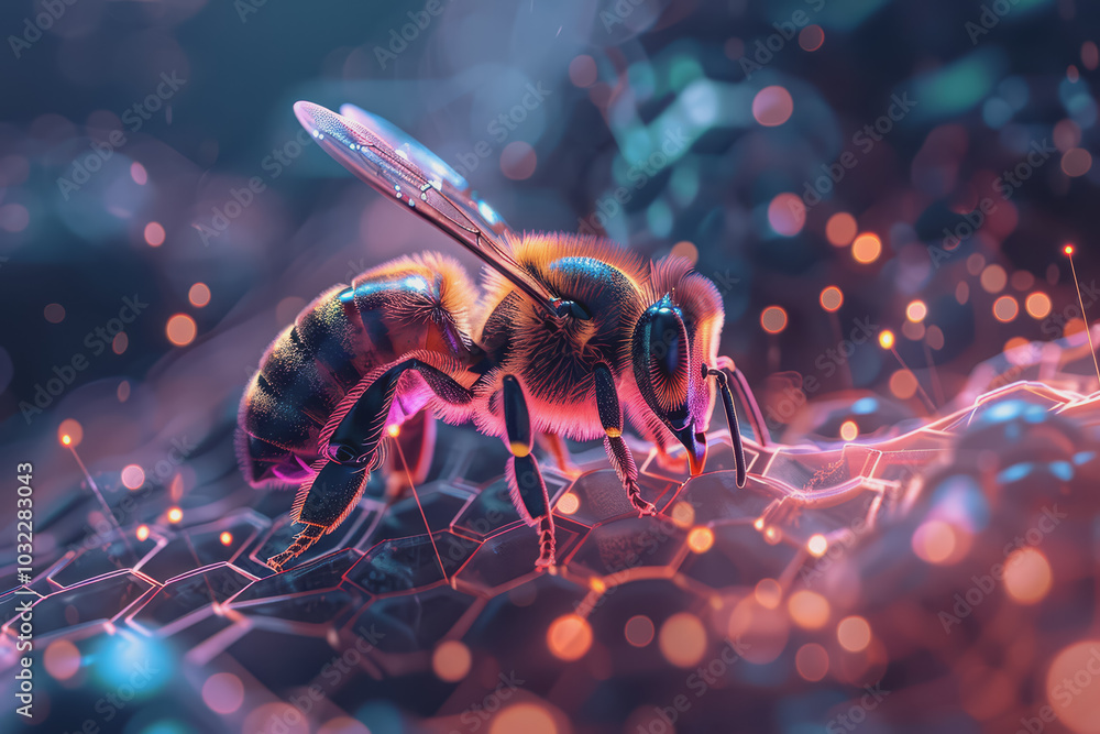 Poster image of bees pollinating orchids. emphasis on the connection between technology and nature.