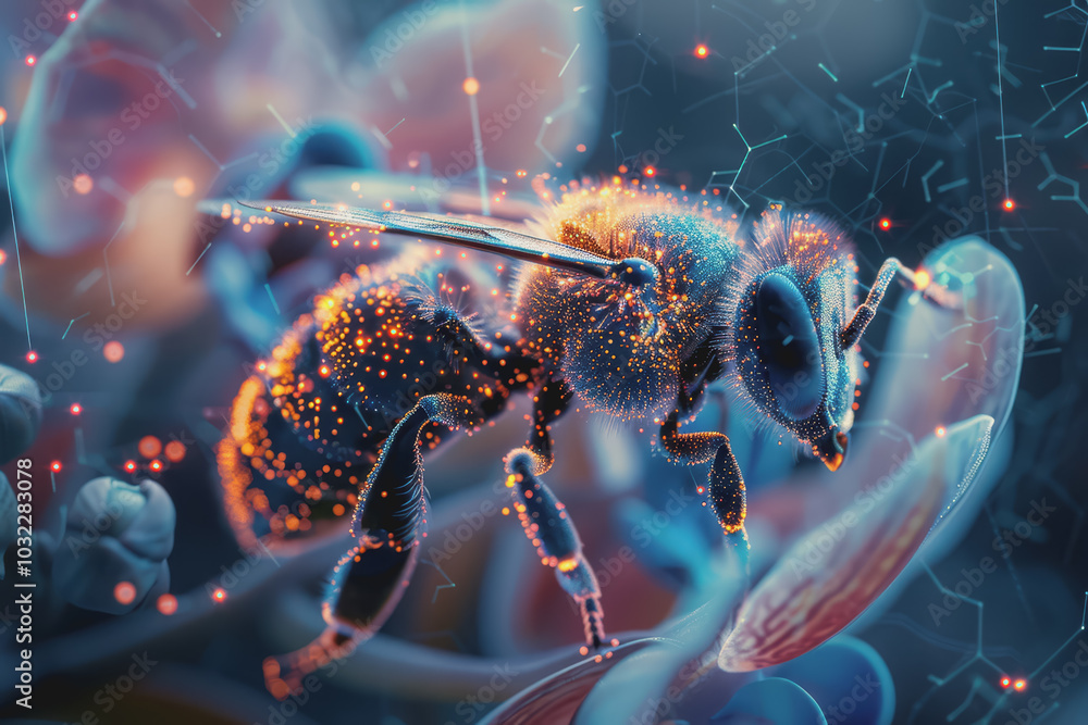 Poster image of bees pollinating orchids. emphasis on the connection between technology and nature.
