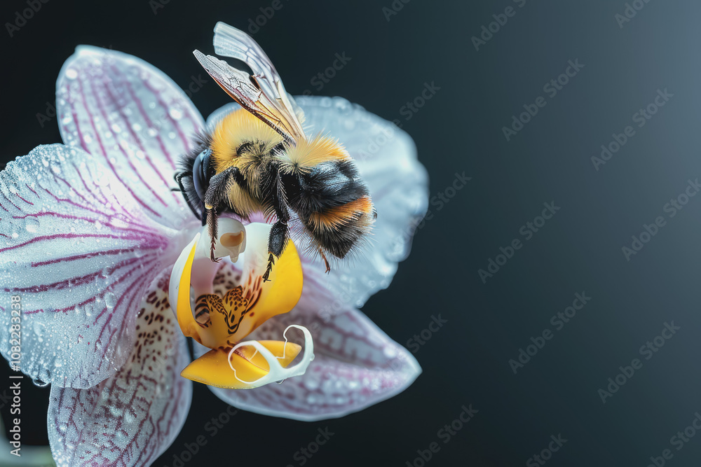 Poster image of bees pollinating orchids. emphasis on the connection between technology and nature.