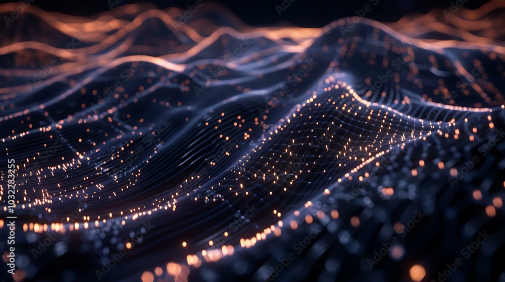 Poster a futuristic landscape composed of interconnected glowing dots and lines on a dark background, symbo