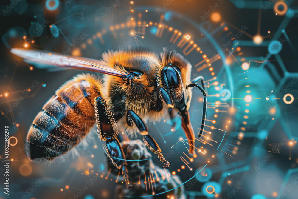 Poster image of bees pollinating orchids. emphasis on the connection between technology and nature.
