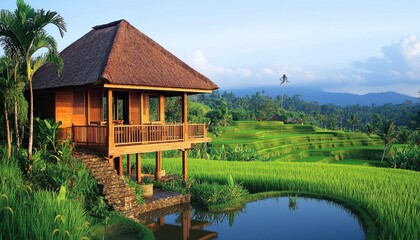 Obraz premium A serene wooden house surrounded by lush green rice terraces and a tranquil pond under a clear sky.