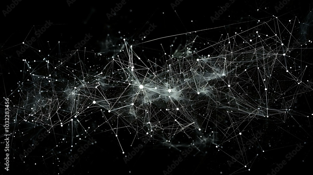Poster glowing nodes and intricate lines forming a web of data flow on a shadowy background, evoking the id