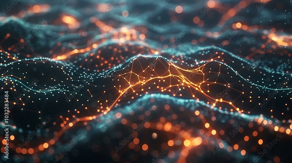 Poster glowing nodes and intricate lines forming a web of data flow on a shadowy background, evoking the id