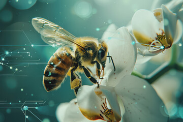 Image of bees pollinating orchids. Emphasis on the connection between technology and nature.