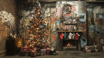 Urban Christmas Scene with Tree and Graffiti Decor, Ai Generative