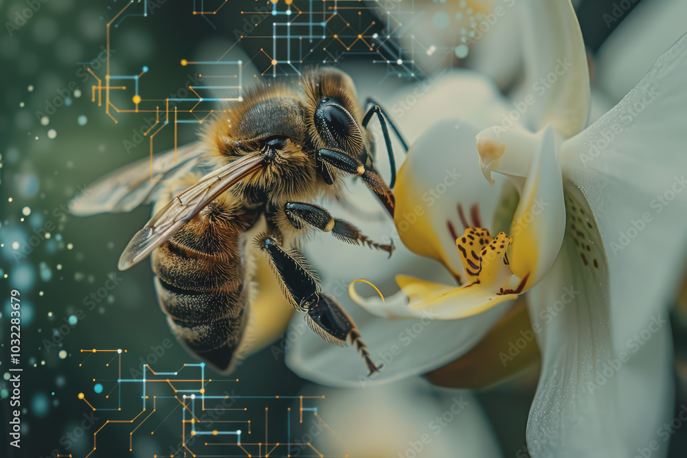 Poster image of bees pollinating orchids. emphasis on the connection between technology and nature.