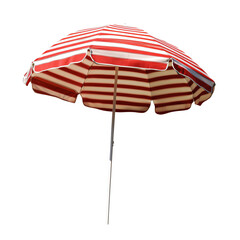 A vibrant red and white striped beach umbrella standing tall, perfect for summer days at the beach or poolside relaxation.
