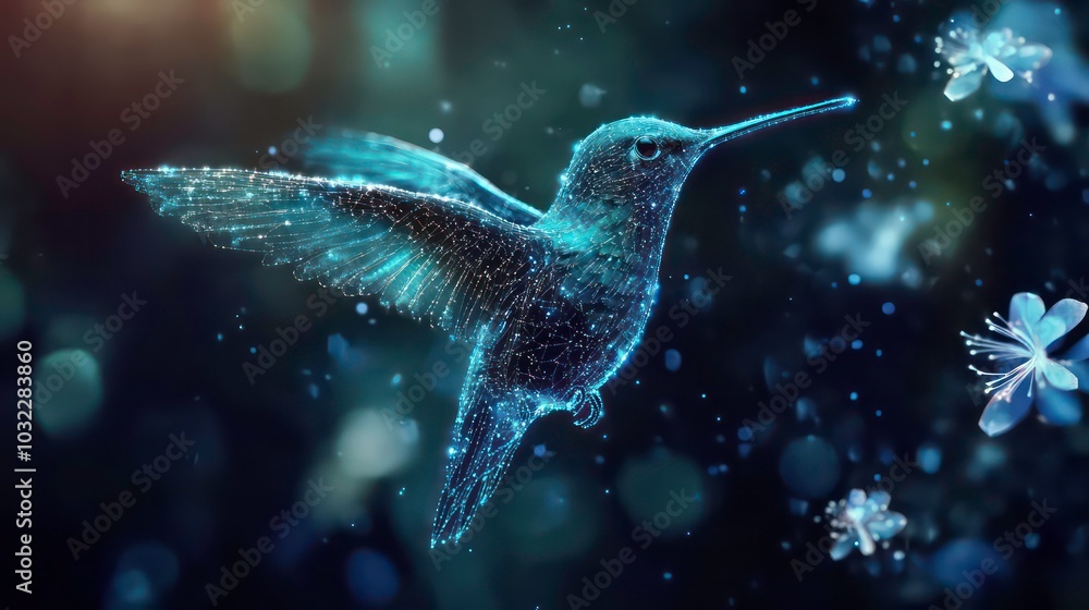 Poster a digital hummingbird in flight with bokeh and flowers in the background.