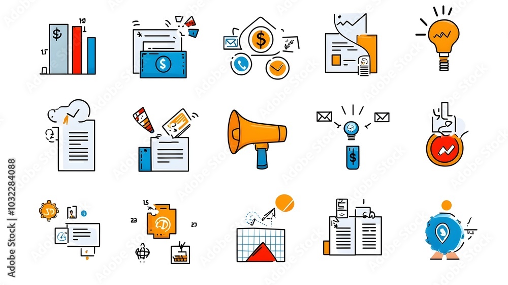 Poster thin line icons featuring money megaphone and campaign for business marketing purposes stylized digi