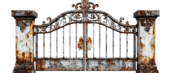 A rusty, intricate wrought-iron gate with ornate designs, sitting against a transparent background, conveying an antique and weathered aesthetic.