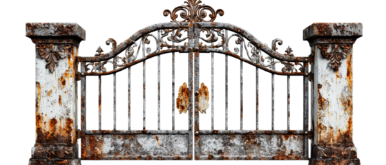 A rusty, intricate wrought-iron gate with ornate designs, sitting against a transparent background, conveying an antique and weathered aesthetic.