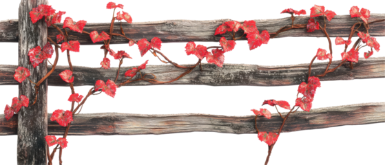 A rustic fence adorned with vibrant red leaves, creating a striking contrast against a transparent background.