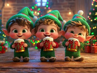 Fototapeta premium Cute elves celebrating Christmas cheer