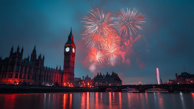 London Fireworks Display over Big Ben and River Thames