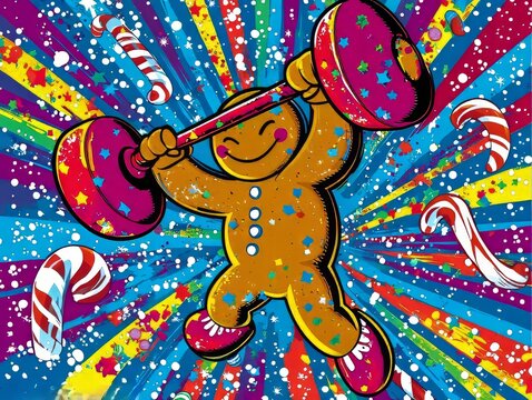 A gingerbread man lifting weights made of candy canes, captioned "Getting dough-lit", pop art, bold colors, 2D illustration, festive and funny