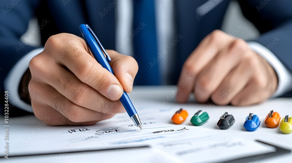 Fototapete handwritten evaluation icons featuring statement test and review with a thin line design on a white 