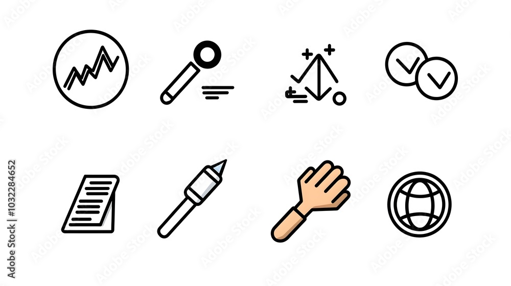 Fototapete set of thin line handwritten style icons representing evaluation analysis and reporting concepts suc