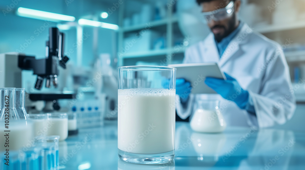 Poster close-up of milk in a beaker showing clear stratification, while a food scientist in the background 
